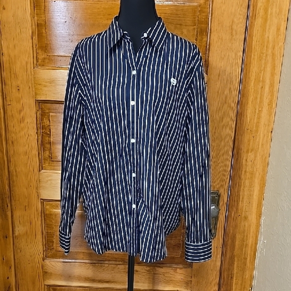 Chaps Tops - Chaps Blue and White Striped Long Sleeve Button Down Shirt XL- Navy
